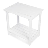 A white slatted side table or end table with a top surface and a lower shelf, shown on a plain white background. 