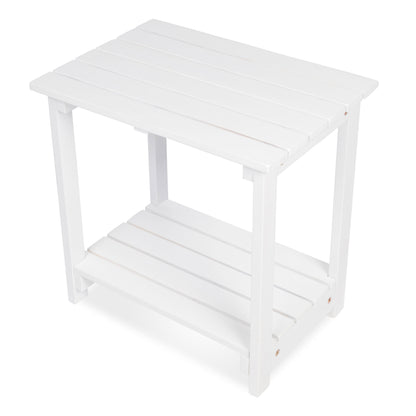 A white slatted side table or end table with a top surface and a lower shelf, shown on a plain white background. 