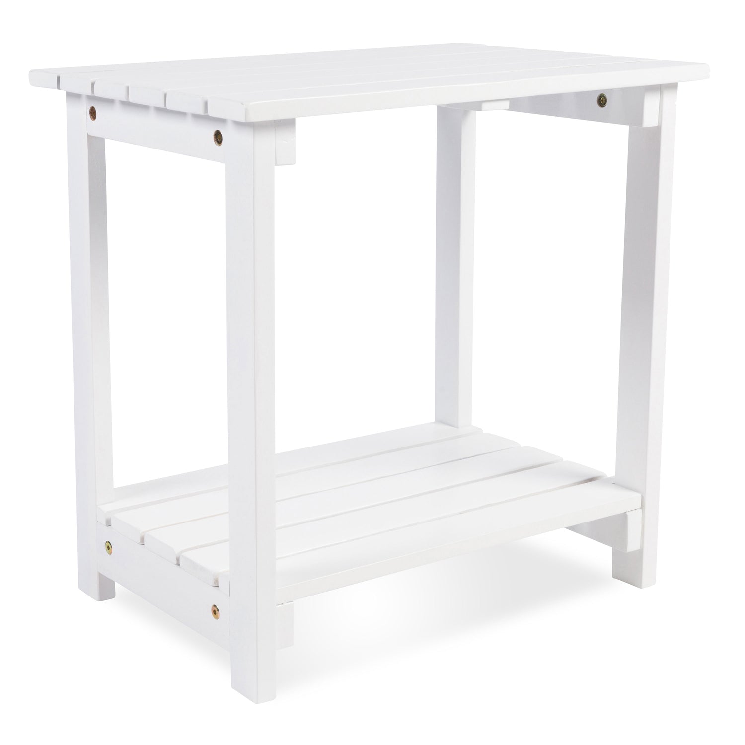 A white wooden side table with a slatted top and bottom shelf, shown on a clean white background. 