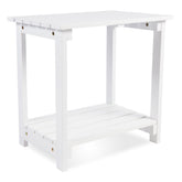 A white wooden side table with a slatted top and bottom shelf, shown on a clean white background. 