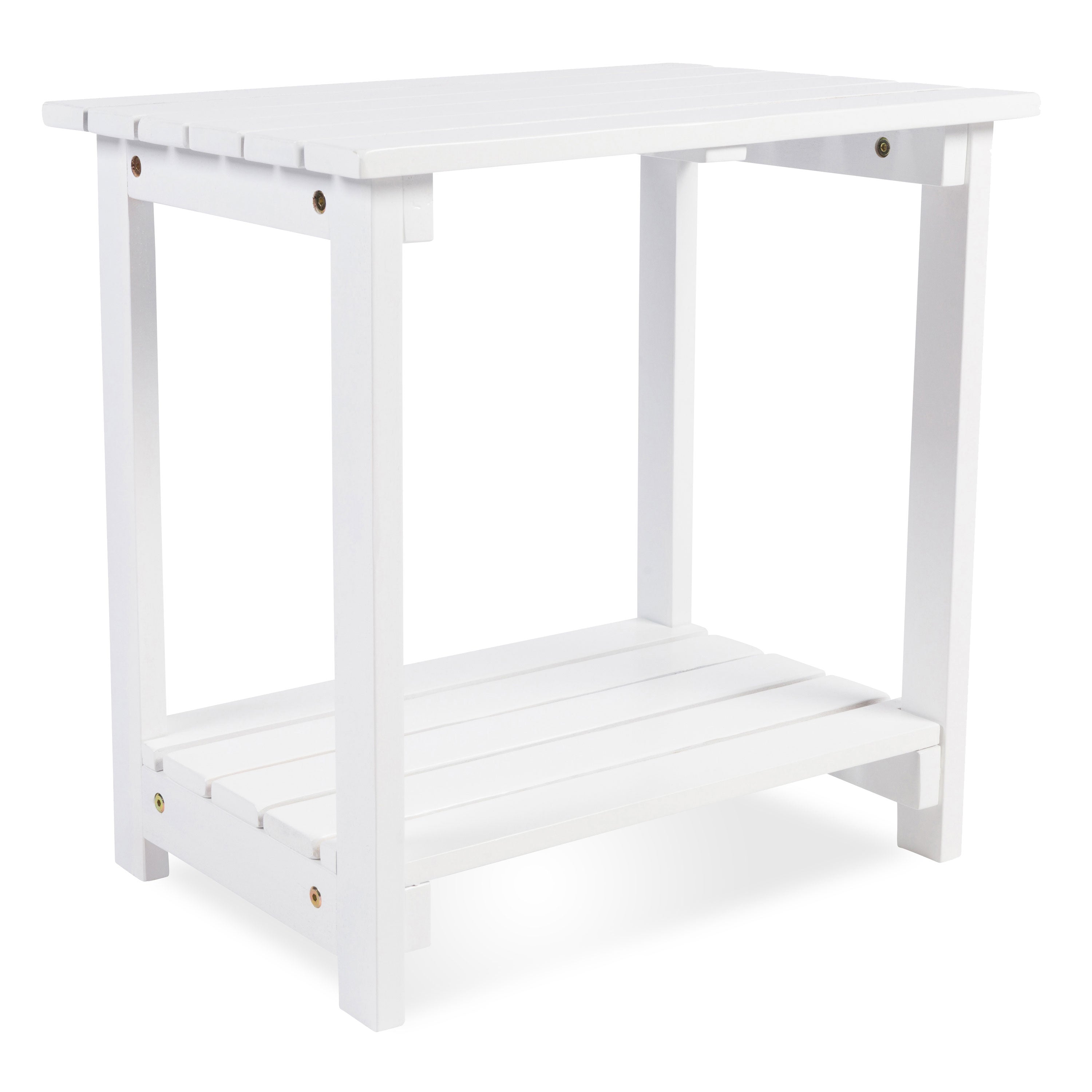 A white wooden side table with a slatted top and bottom shelf, shown on a clean white background. 