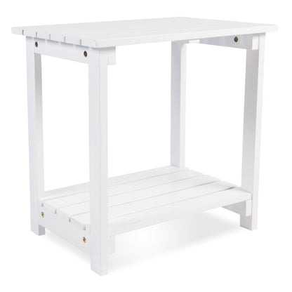 A white wooden side table with a slatted top and bottom shelf, shown on a clean white background. 