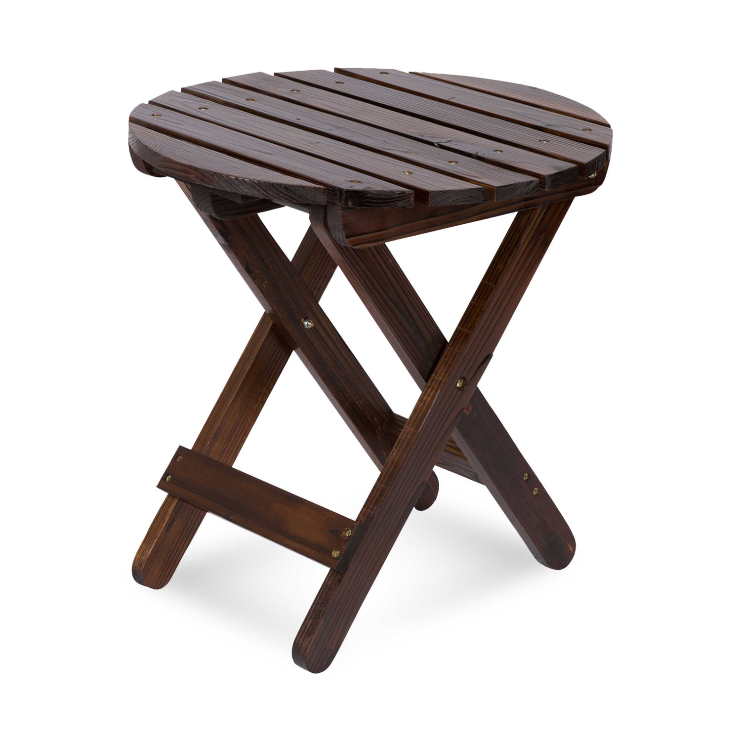A dark brown wooden folding side table with a slatted round seat and X-frame legs, shown on a plain white background. 