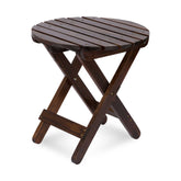 A dark brown wooden folding side table with a slatted round seat and X-frame legs, shown on a plain white background. 