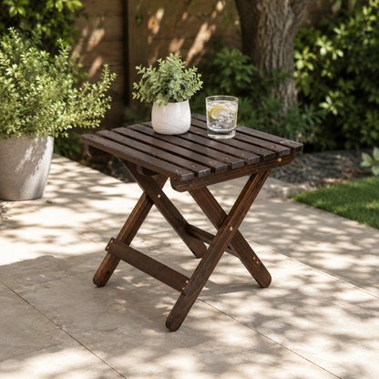 A dark brown wooden folding side table with a slatted top and X-frame legs, set on a stone patio in a garden. A small potted plant and a glass of water with a lemon slice sit on the table. 