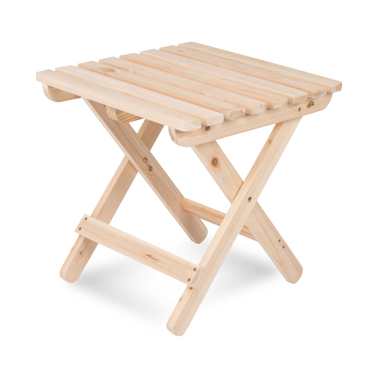 A light natural wood folding table with a slatted table top and crossed legs, shown on a clean white background. 