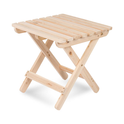 A light natural wood folding table with a slatted table top and crossed legs, shown on a clean white background. 