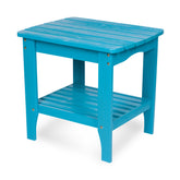 A bright turquoise blue wooden end table with a slatted top, open lower shelf, and four legs, shown on a plain white background. 