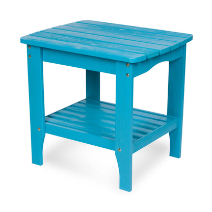 A bright turquoise blue wooden end table with a slatted top, open lower shelf, and four legs, shown on a plain white background. 