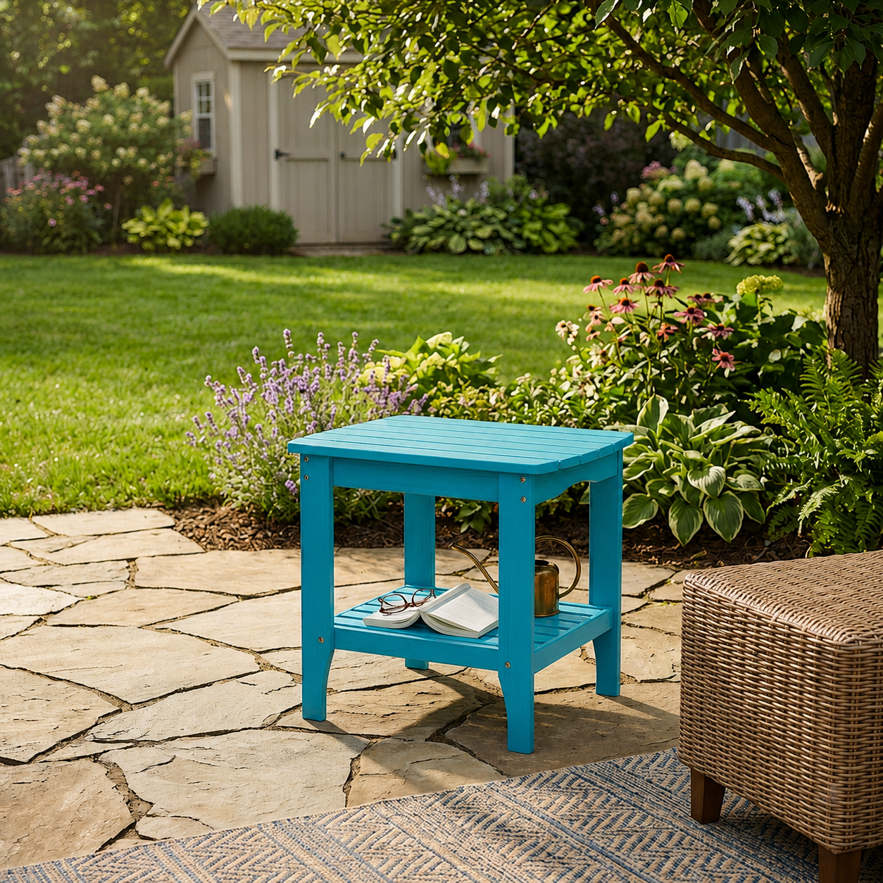 A bright turquoise blue wooden side table with a lower shelf, styled on a stone patio in a lush green backyard garden. 
