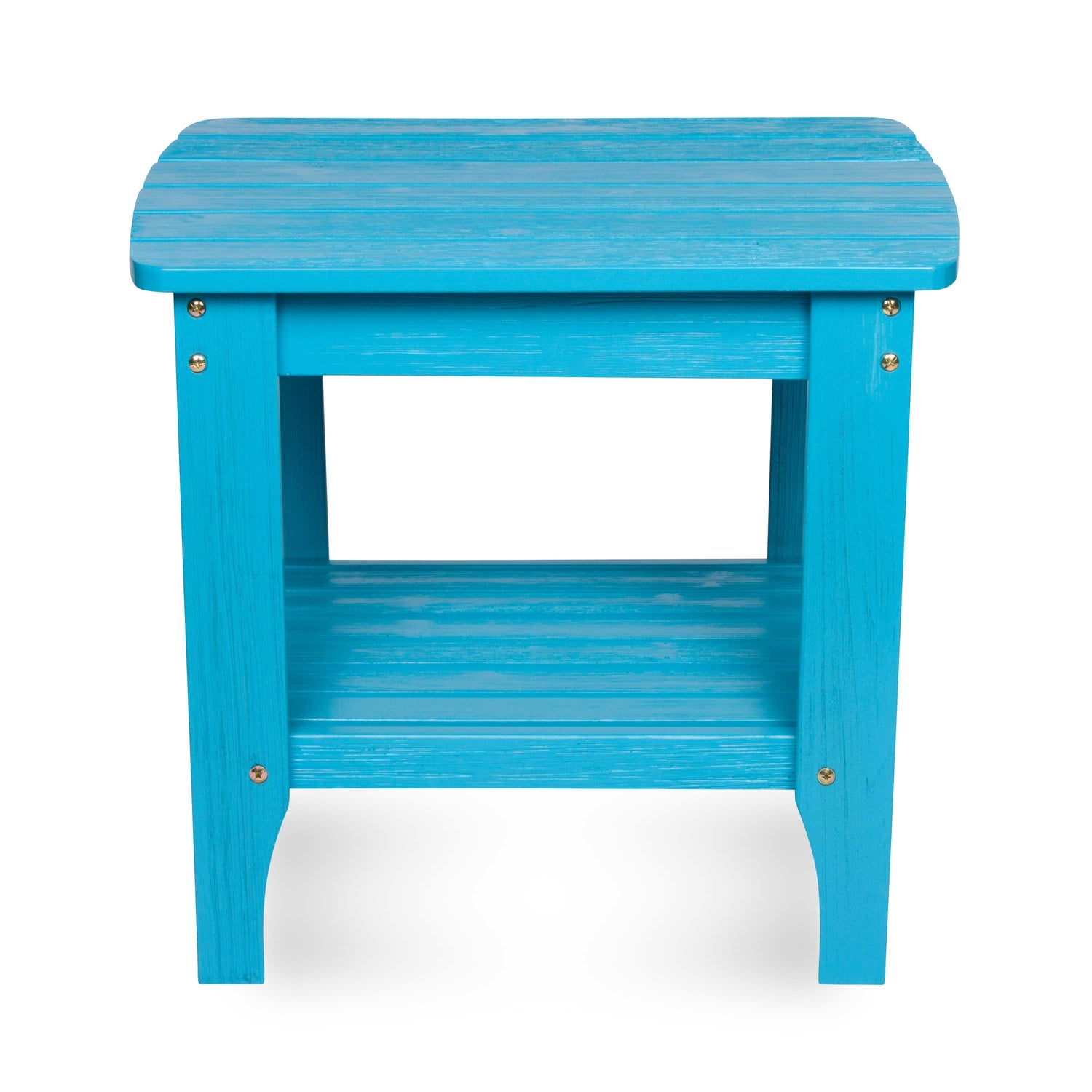 A bright turquoise blue wooden side table with a slatted top, open lower shelf, and small brass-colored corner brackets, shown on a white background. 
