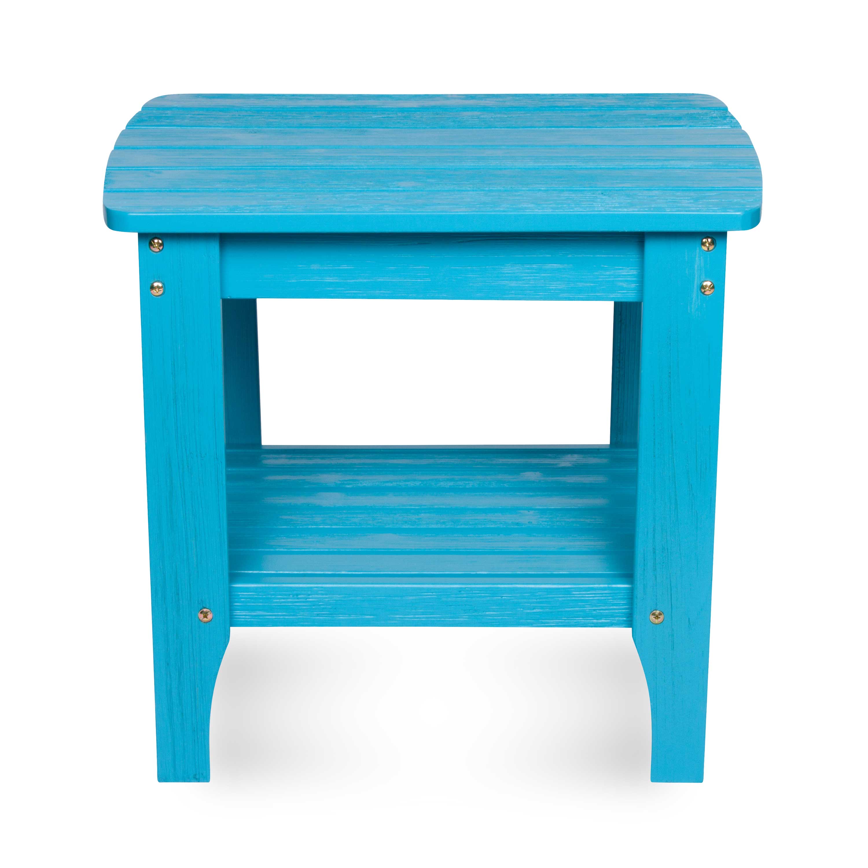 A bright turquoise blue wooden side table with a slatted top, open lower shelf, and small brass-colored corner brackets, shown on a white background. 