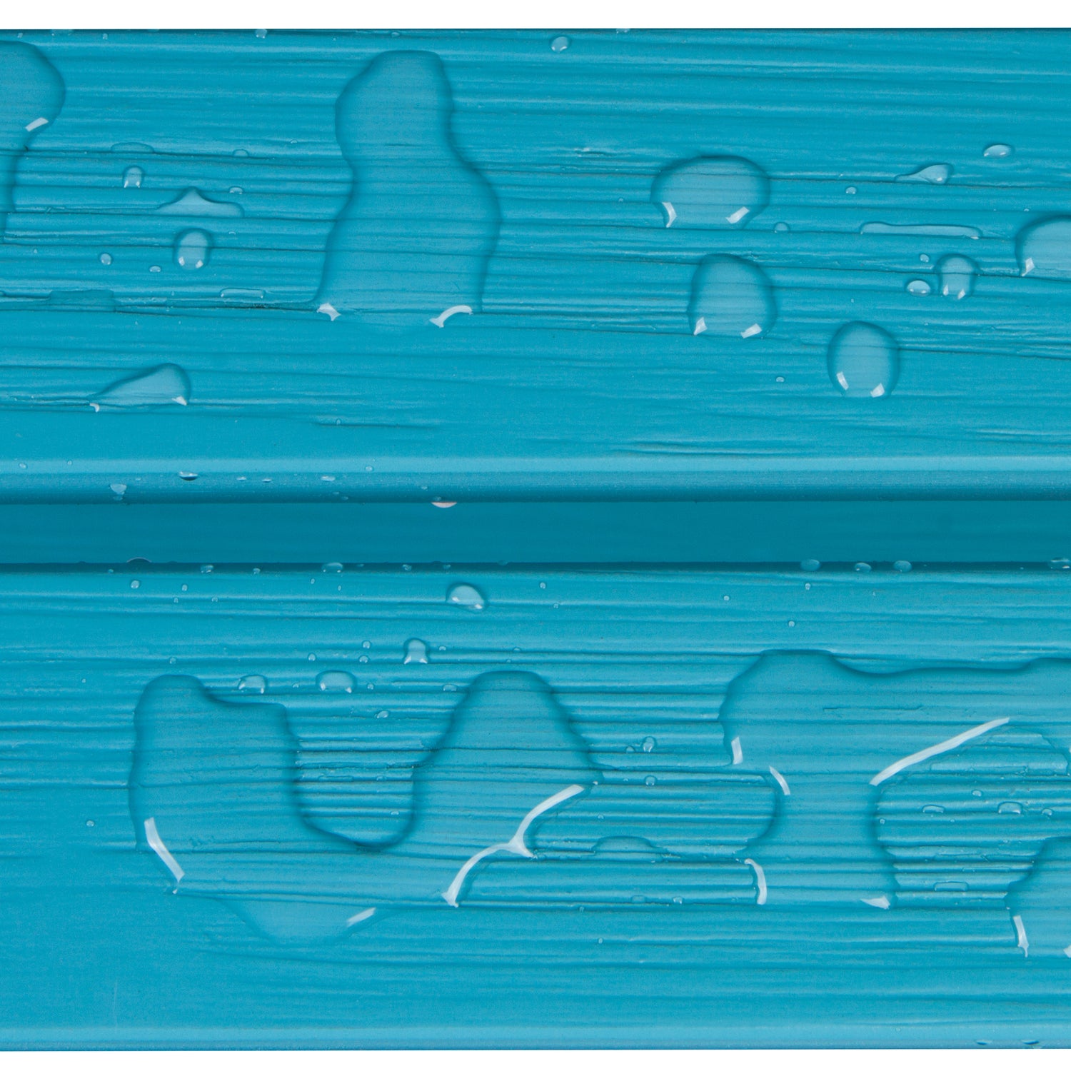 A close-up of a bright turquoise-blue textured surface with water droplets and puddles on a horizontal seam, showing a waterproof or water-resistant finish. 