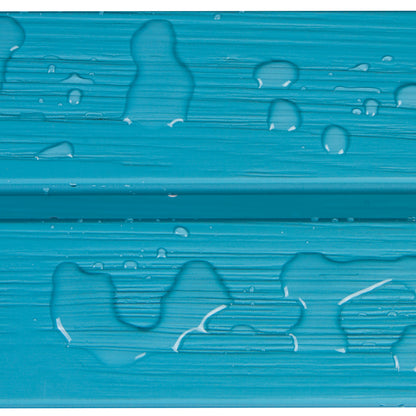 A close-up of a bright turquoise-blue textured surface with water droplets and puddles on a horizontal seam, showing a waterproof or water-resistant finish. 