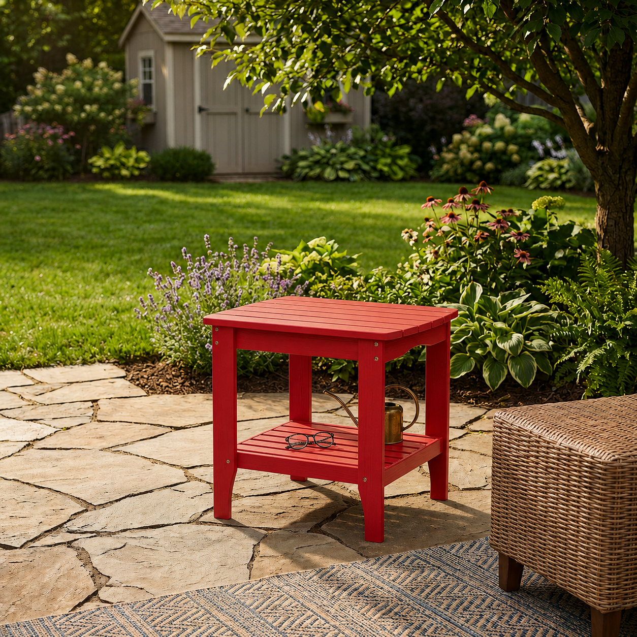 A bright red wooden side table with a slatted top and lower shelf, placed on a stone patio in a landscaped garden. A wicker chair is partially visible at the right, and a shed, lawn, and trees are in the background. 