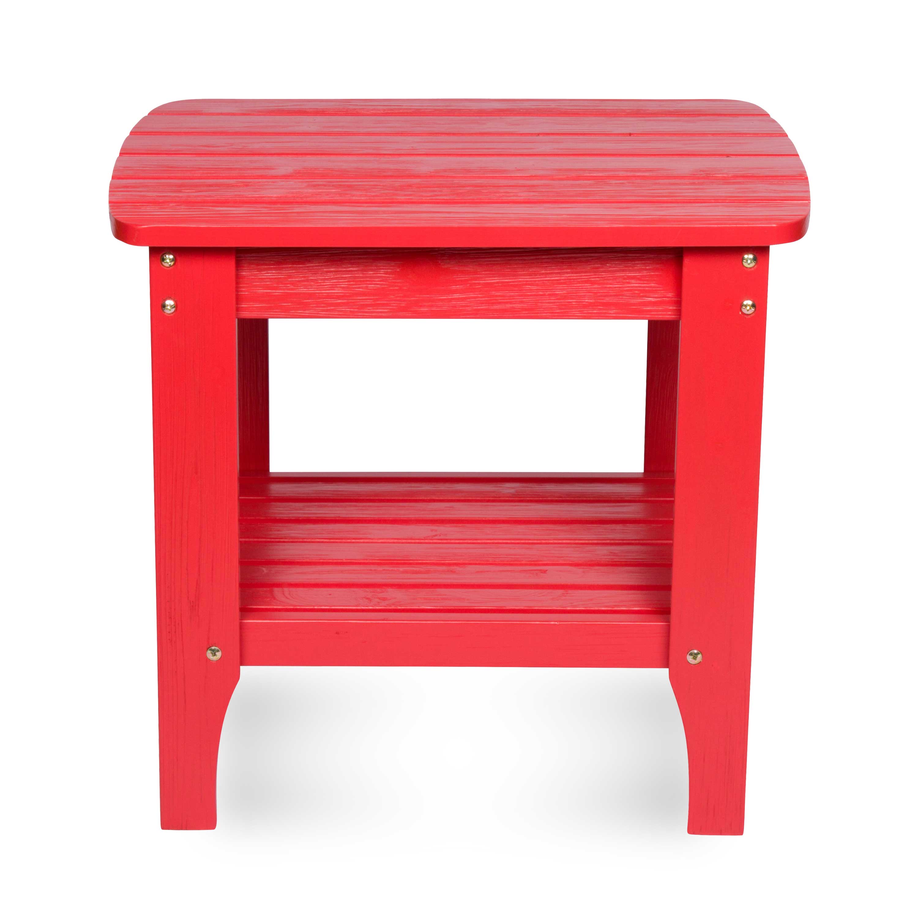 A bright red wooden side table with a slatted top, open lower shelf, and four legs, shown against a plain white background. 