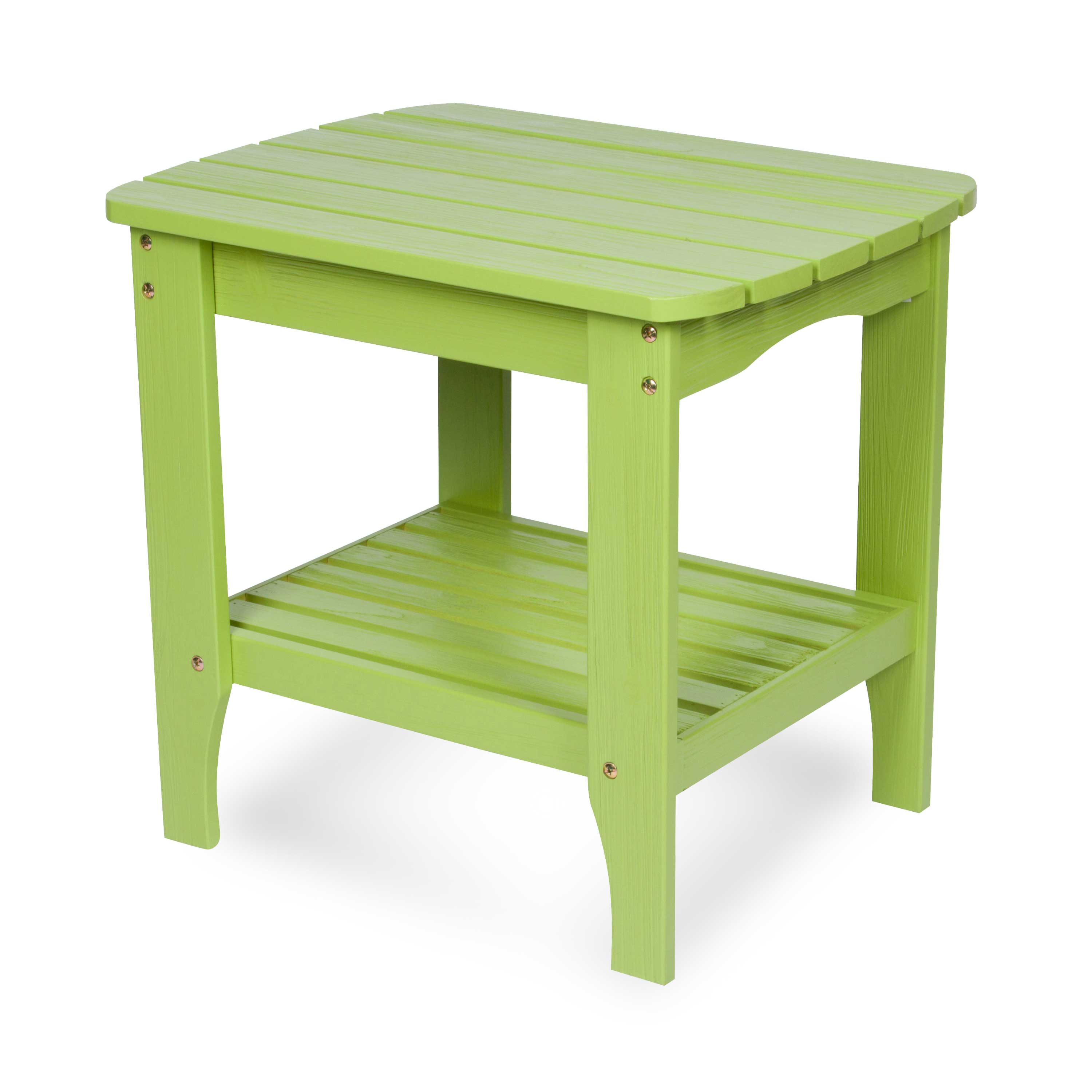 A lime green outdoor side table with a slatted top and lower shelf, shown on a white background. 