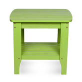 A lime green outdoor side table with a slatted top, open lower shelf, and four legs, shown against a plain white background. 