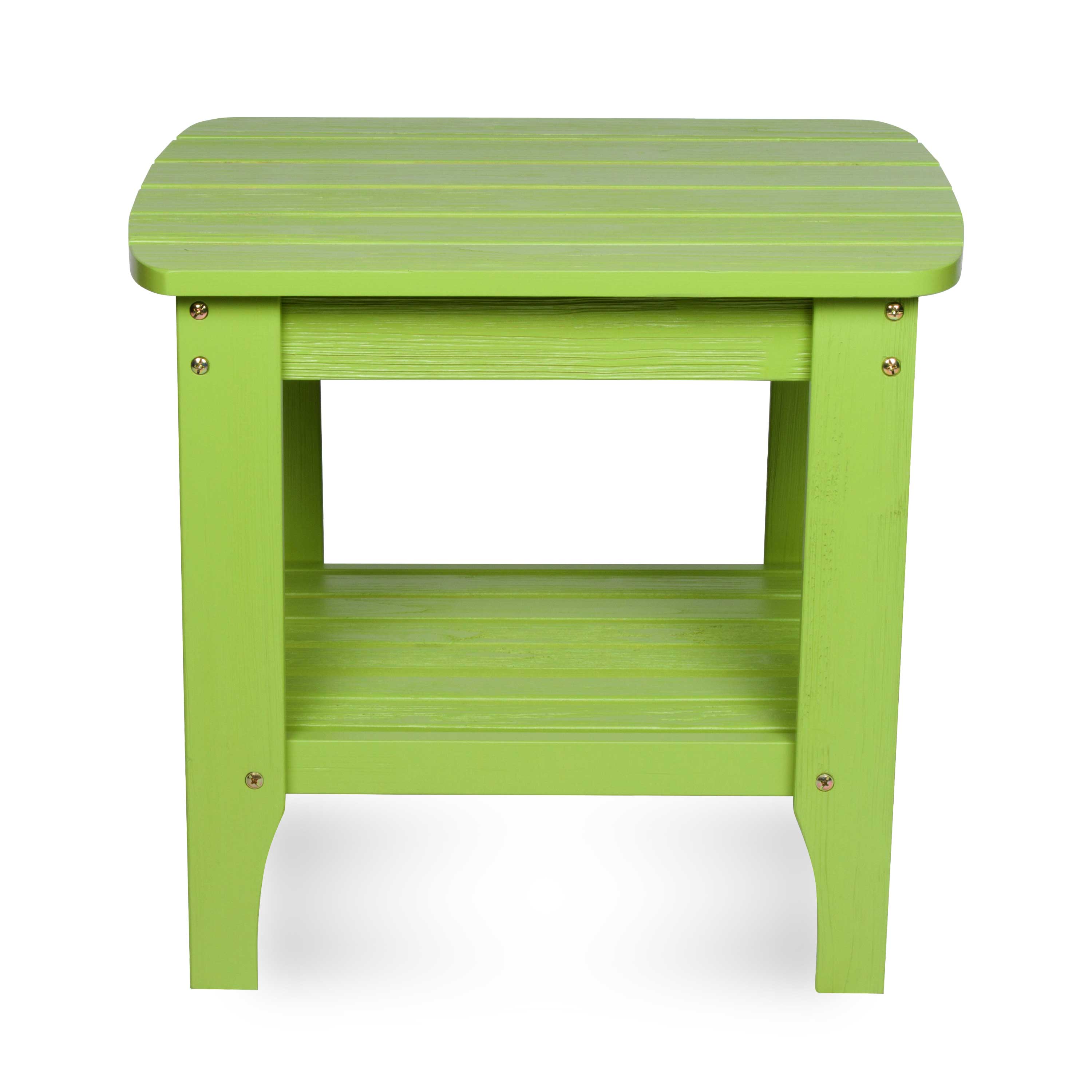 A lime green outdoor side table with a slatted top, open lower shelf, and four legs, shown against a plain white background. 