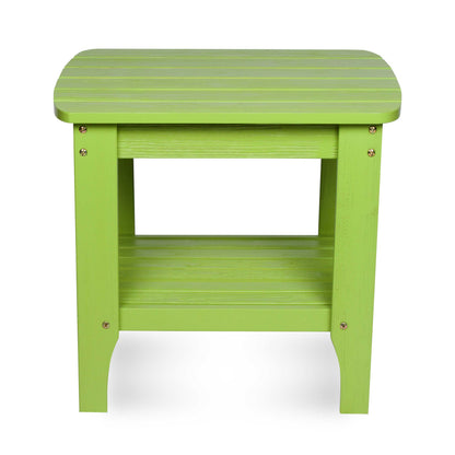 A lime green outdoor side table with a slatted top, open lower shelf, and four legs, shown against a plain white background. 
