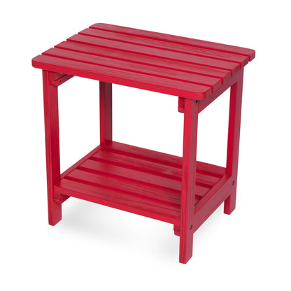 A bright red slatted side table or stool with a top platform and a lower shelf, shown on a plain white background. 
