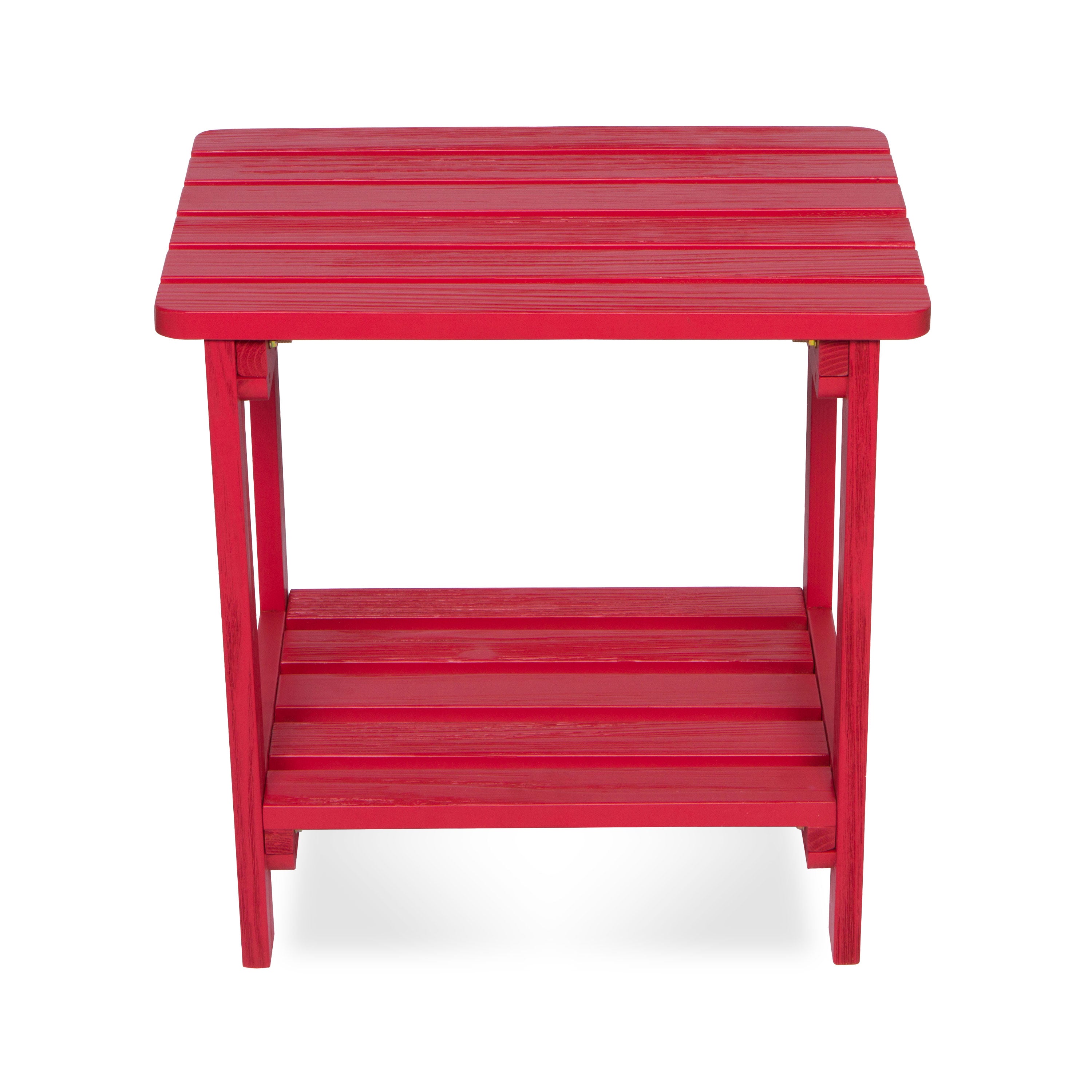 A bright red slatted side table with a top surface and an open lower shelf, shown on a plain white background. 