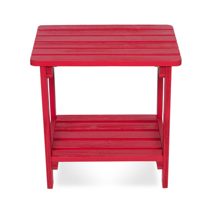 A bright red slatted side table with a top surface and an open lower shelf, shown on a plain white background. 