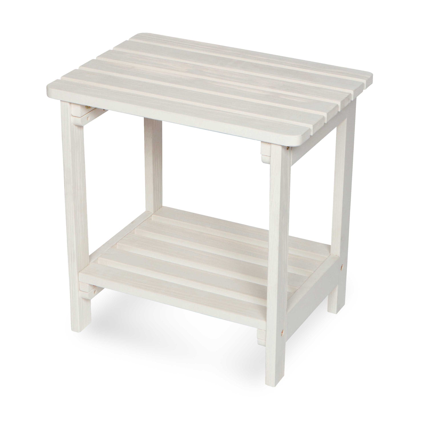 A white wooden end table with a slatted top and a lower shelf, shown on a plain white background. 