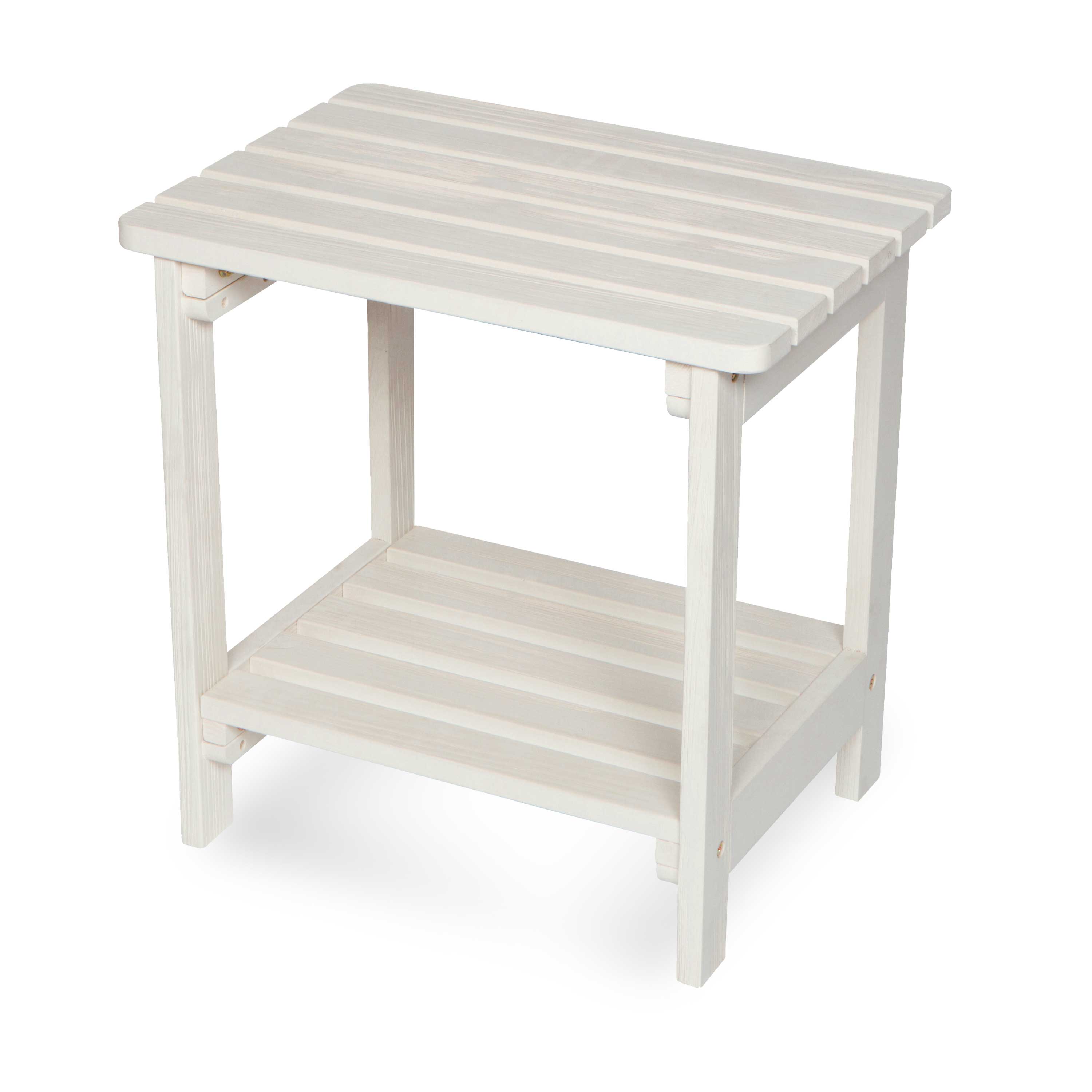 A white wooden end table with a slatted top and a lower shelf, shown on a plain white background. 