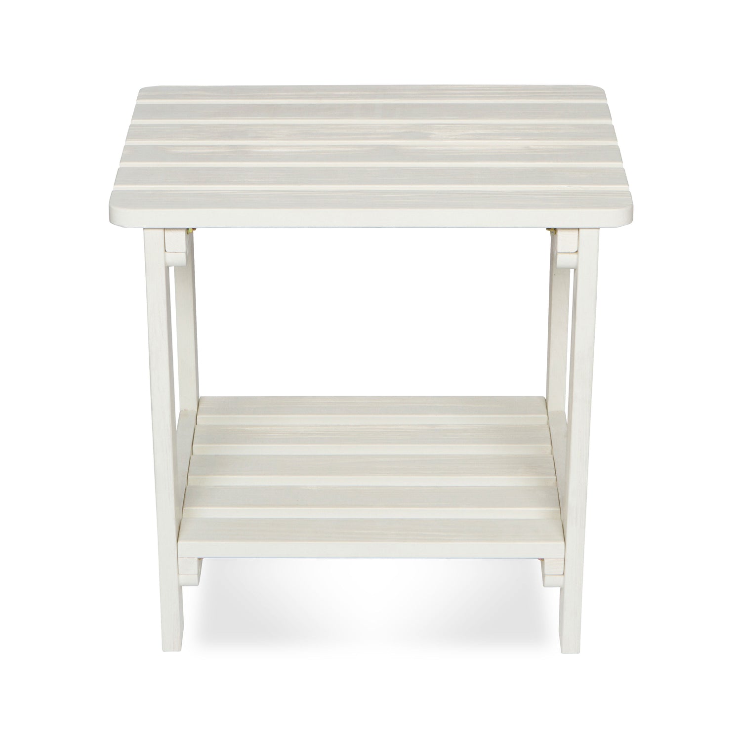 A white slatted side table with a top surface and a lower shelf, shown against a plain white background. 