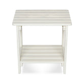 A white slatted side table with a top surface and a lower shelf, shown against a plain white background. 
