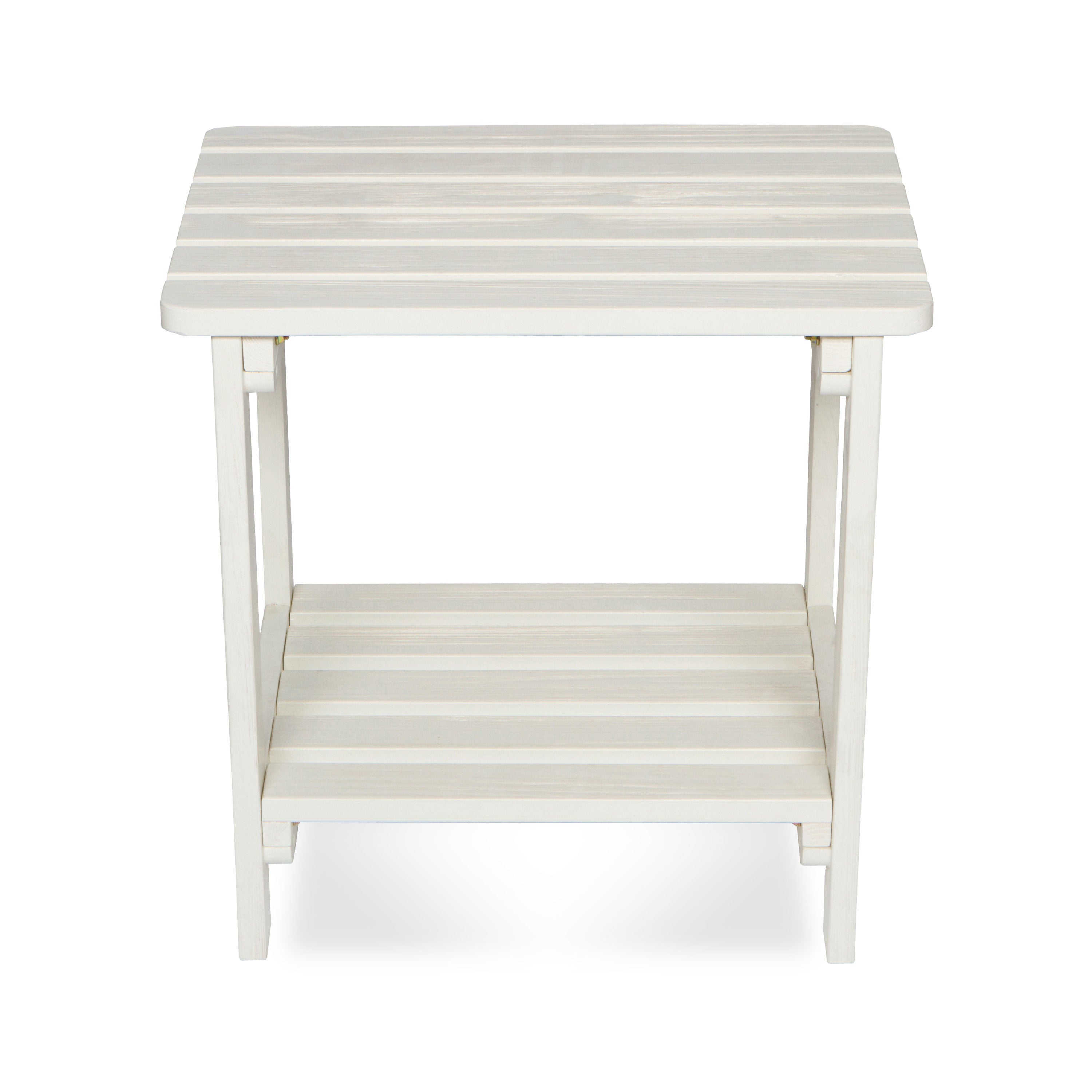 A white slatted side table with a top surface and a lower shelf, shown against a plain white background. 