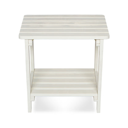 A white slatted side table with a top surface and a lower shelf, shown against a plain white background. 