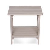 A square outdoor side table with a slatted top and lower shelf, finished in a light taupe-gray color, shown against a plain white background. 