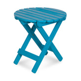 A bright blue folding side table with a round slatted top and X-style legs, shown on a clean white background. 