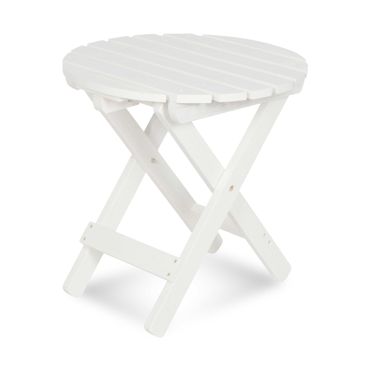 A white folding side stool with a slatted round seat and four folding legs, shown on a clean white background. 
