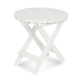 A white folding side stool with a slatted round seat and four folding legs, shown on a clean white background. 