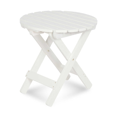 A white folding side stool with a slatted round seat and four folding legs, shown on a clean white background. 
