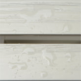 Close-up of a white or off-white wood-look surface with water droplets and streaks, showing a glossy, wet texture. 