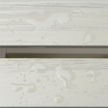 Close-up of a white or off-white wood-look surface with water droplets and streaks, showing a glossy, wet texture. 