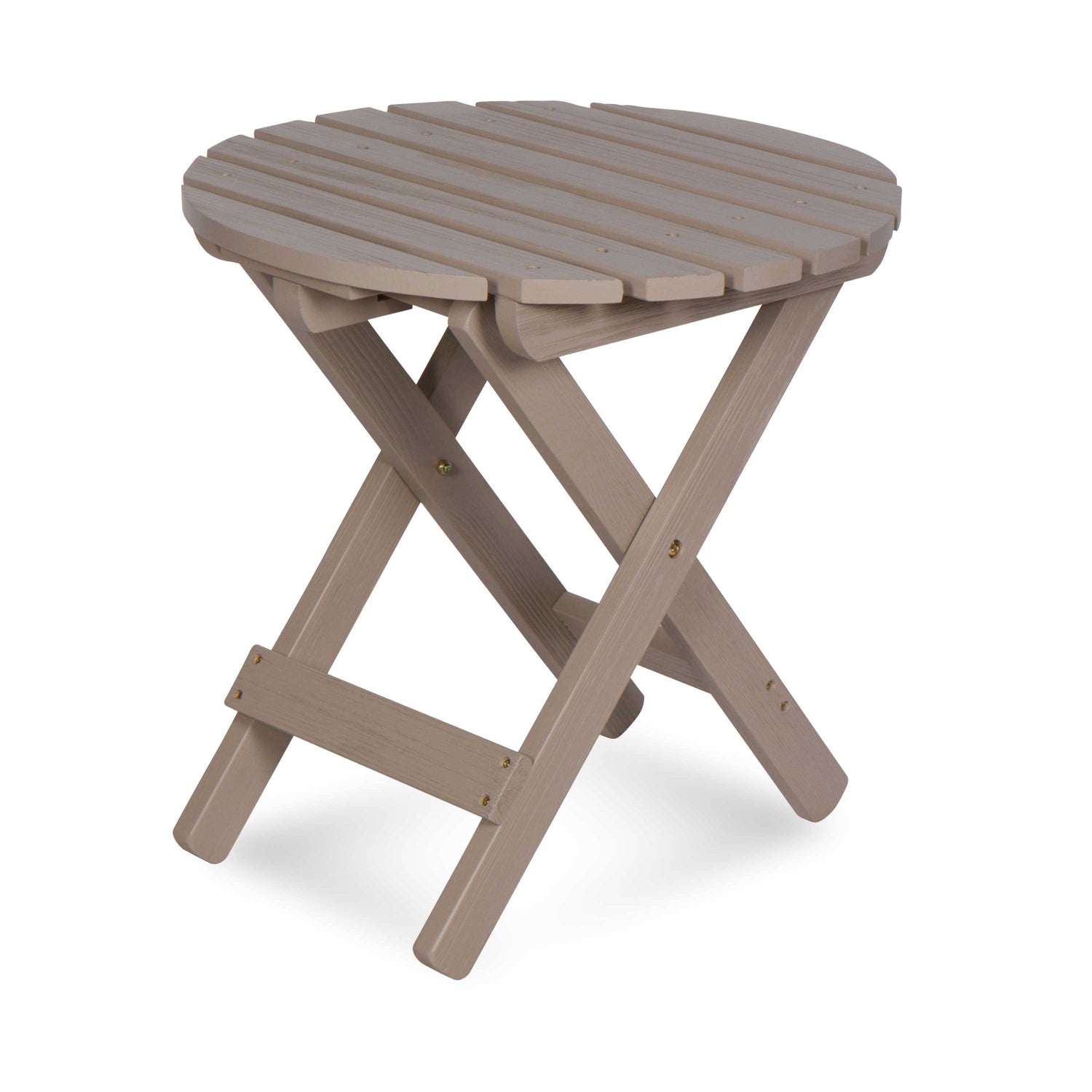 A round folding side table with a slatted top and X-frame legs, shown on a clean white background. 