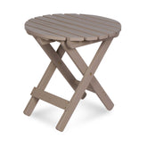 A round folding side table with a slatted top and X-frame legs, shown on a clean white background. 