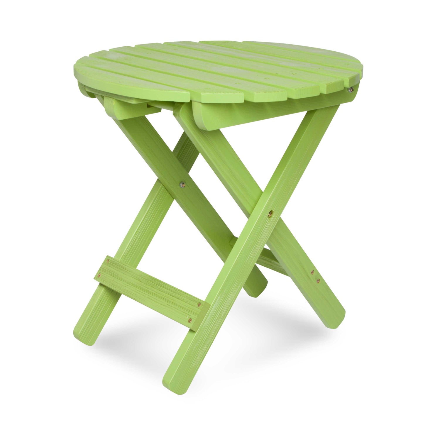 A lime green folding side table with a round slatted top and X-frame legs, shown on a white background. 