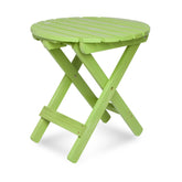 A lime green folding side table with a round slatted top and X-frame legs, shown on a white background. 