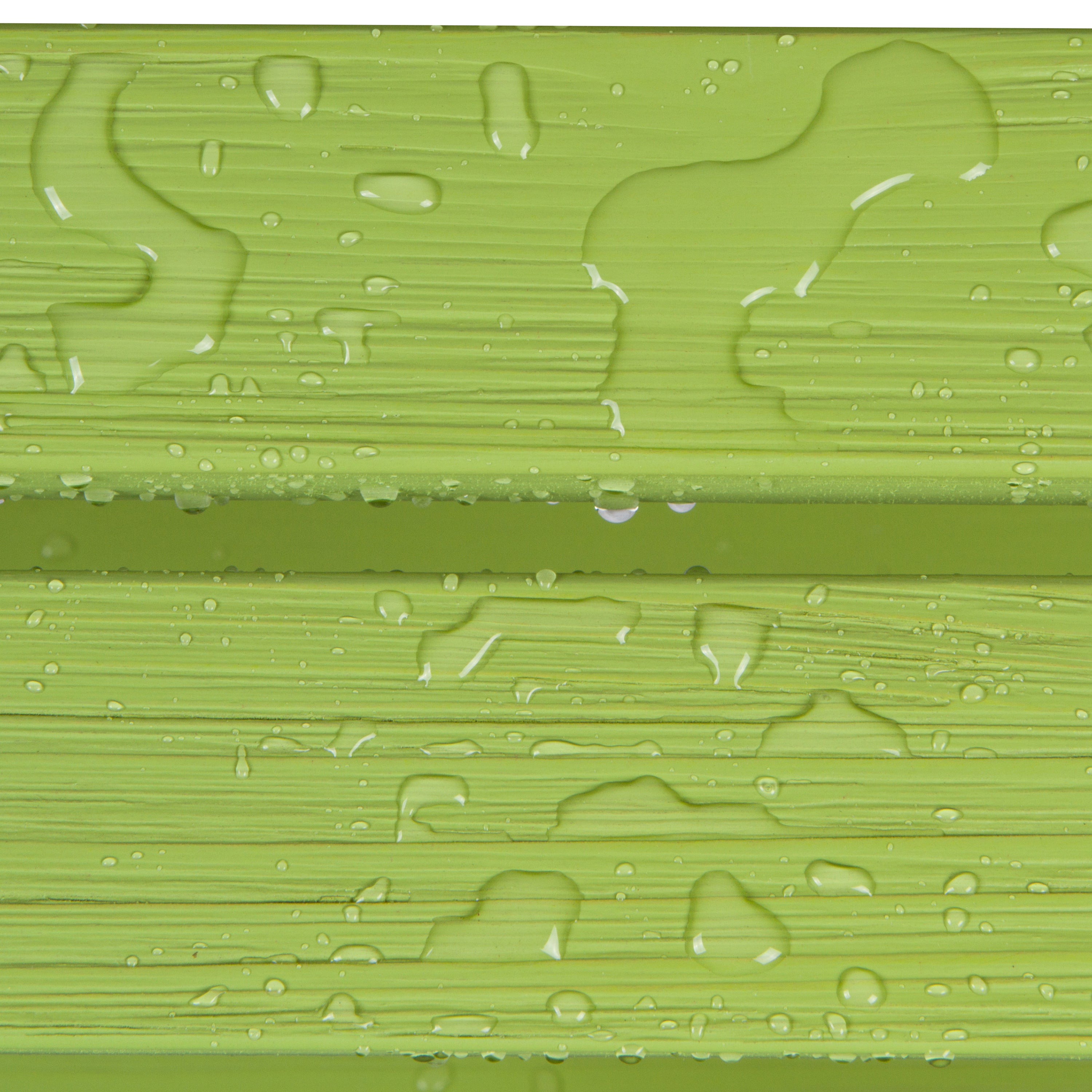 Close-up of a glossy light green textured surface with water droplets and horizontal ridges. 