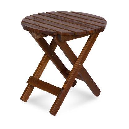 A small folding wooden side table with a slatted oval seat and crossed legs, shown on a plain white background. 