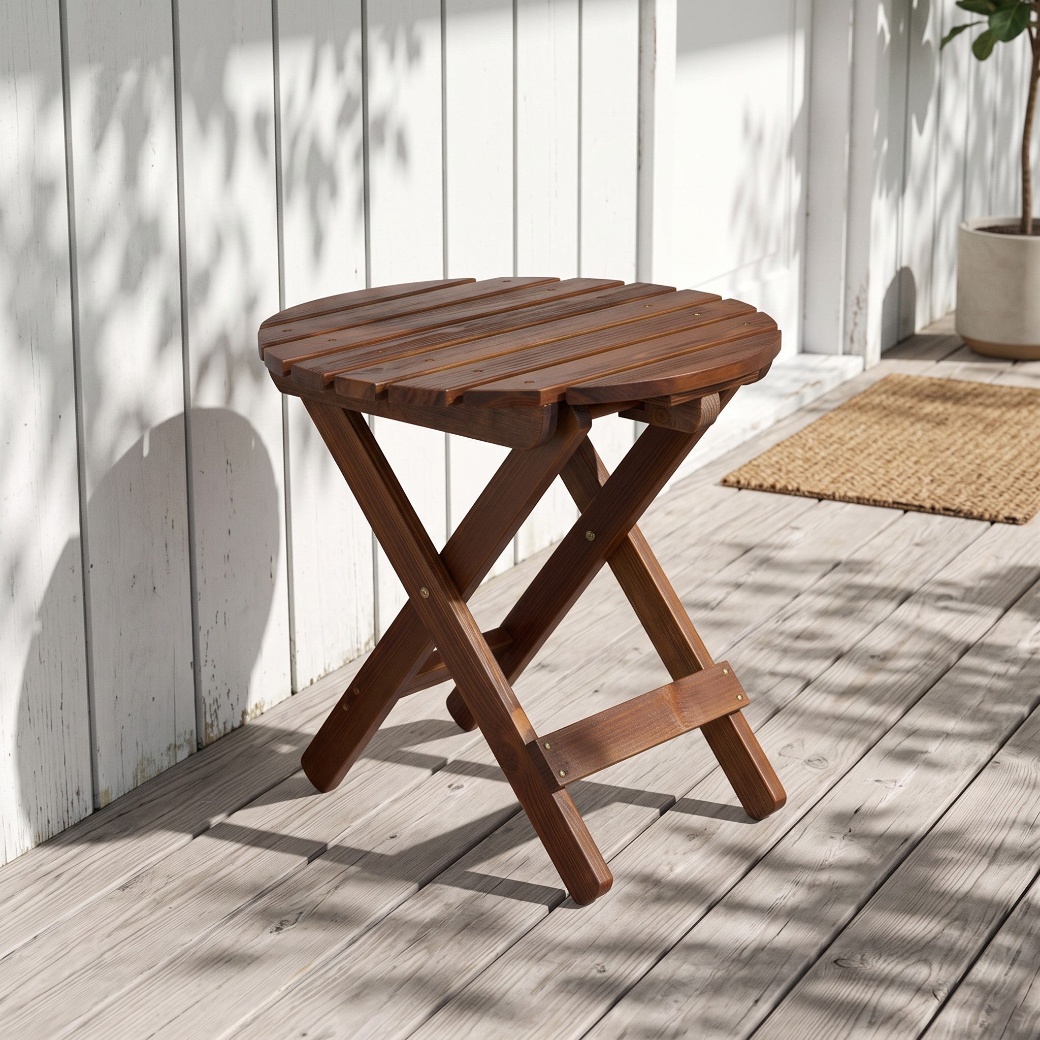 A round folding wooden side table with a slatted top and X-frame legs, shown on a light deck in front of a white wall with dappled sunlight and shadows. 