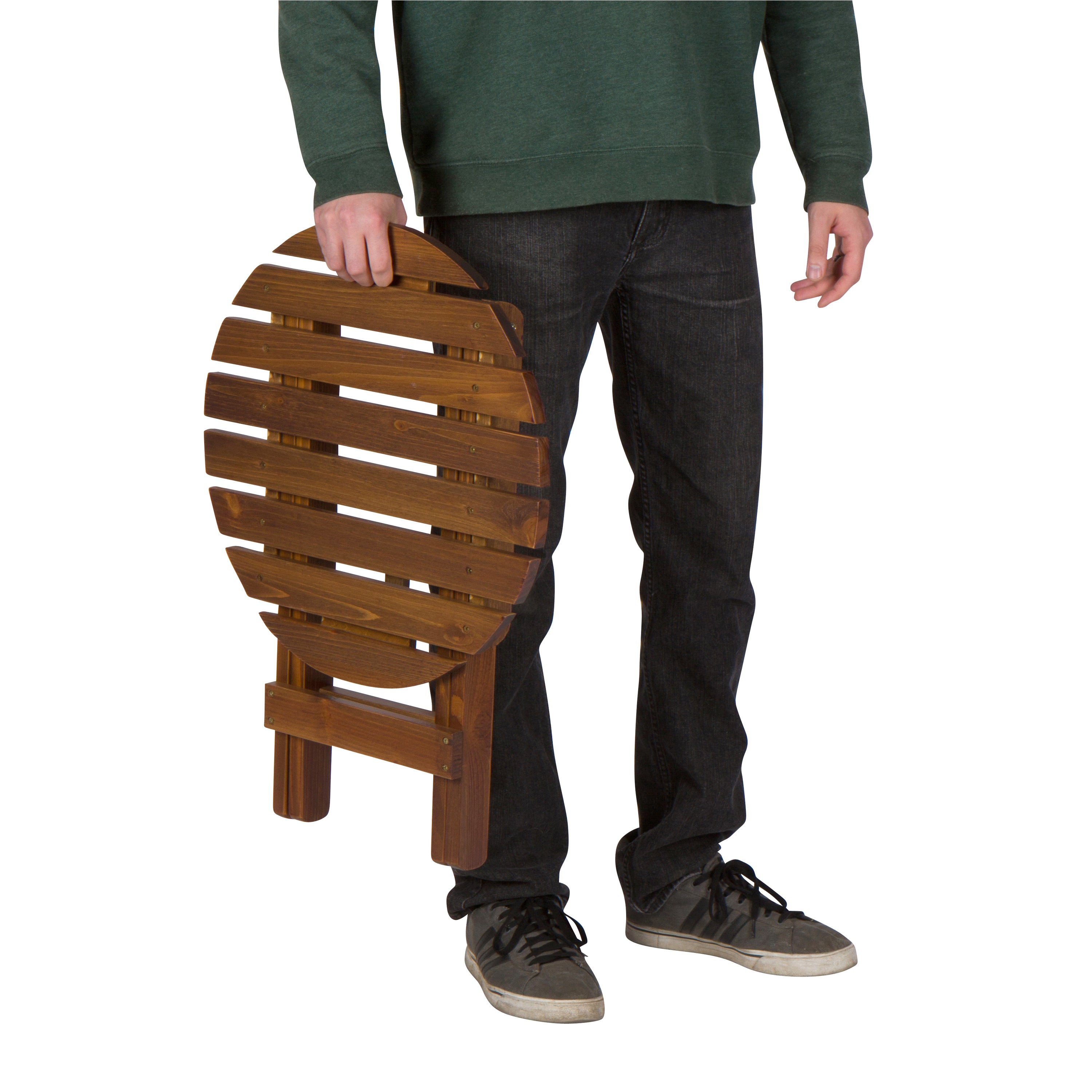Person holding a wooden side table on a white background 