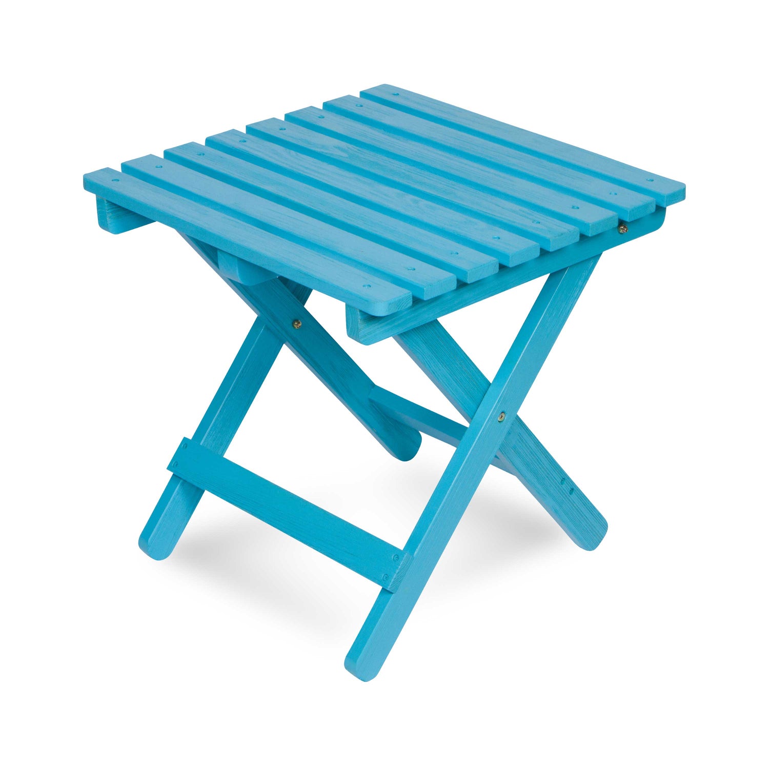 A bright turquoise blue folding slatted side table, shown on a clean white background. 