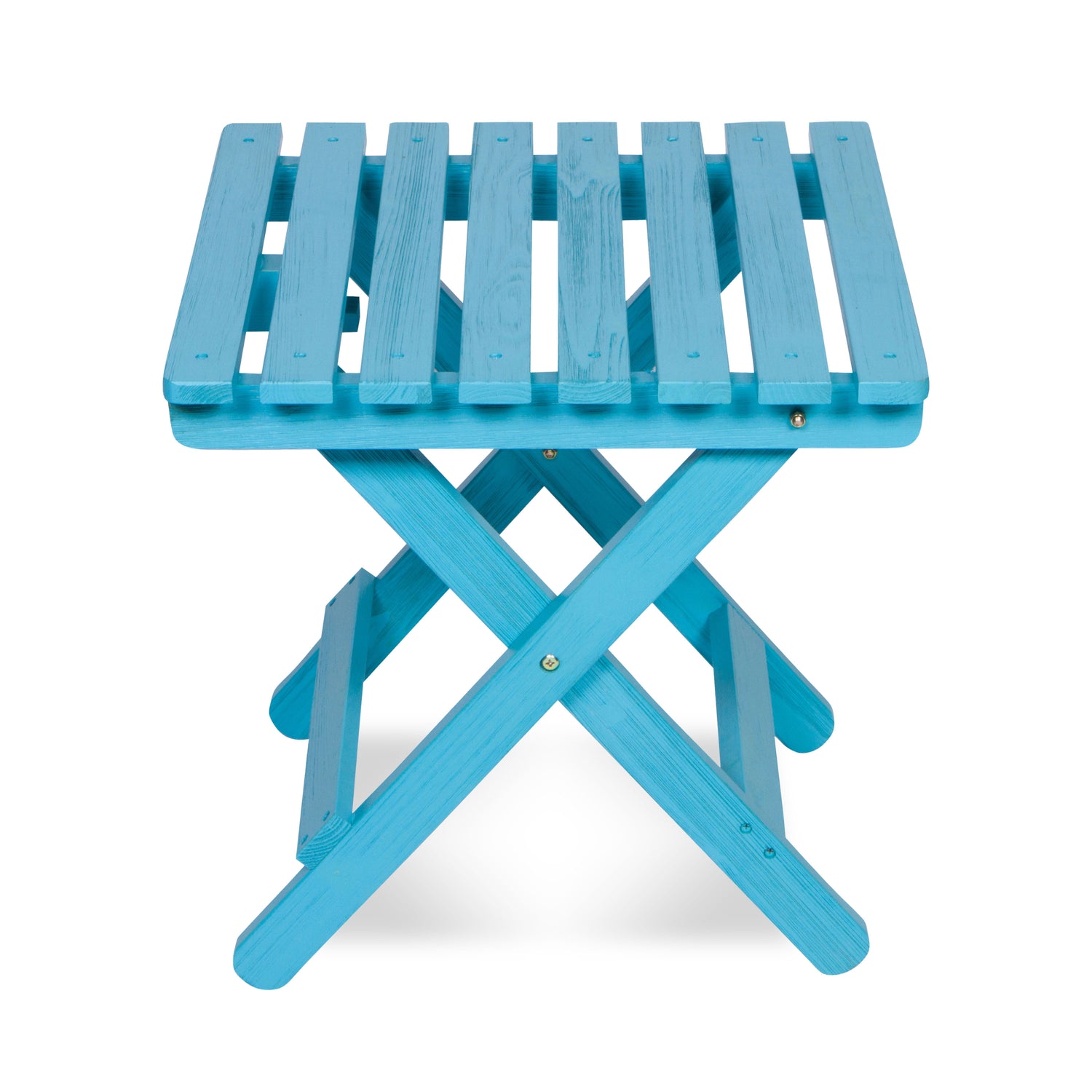 A small folding side table  with a turquoise blue slatted wooden top and matching folding legs, shown on a plain white background. 
